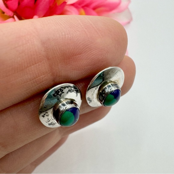 Vintage SJ Selena Jake Navajo Handmade Azurite Stud Earrings Sterling Silver 925 - Picture 3 of 9